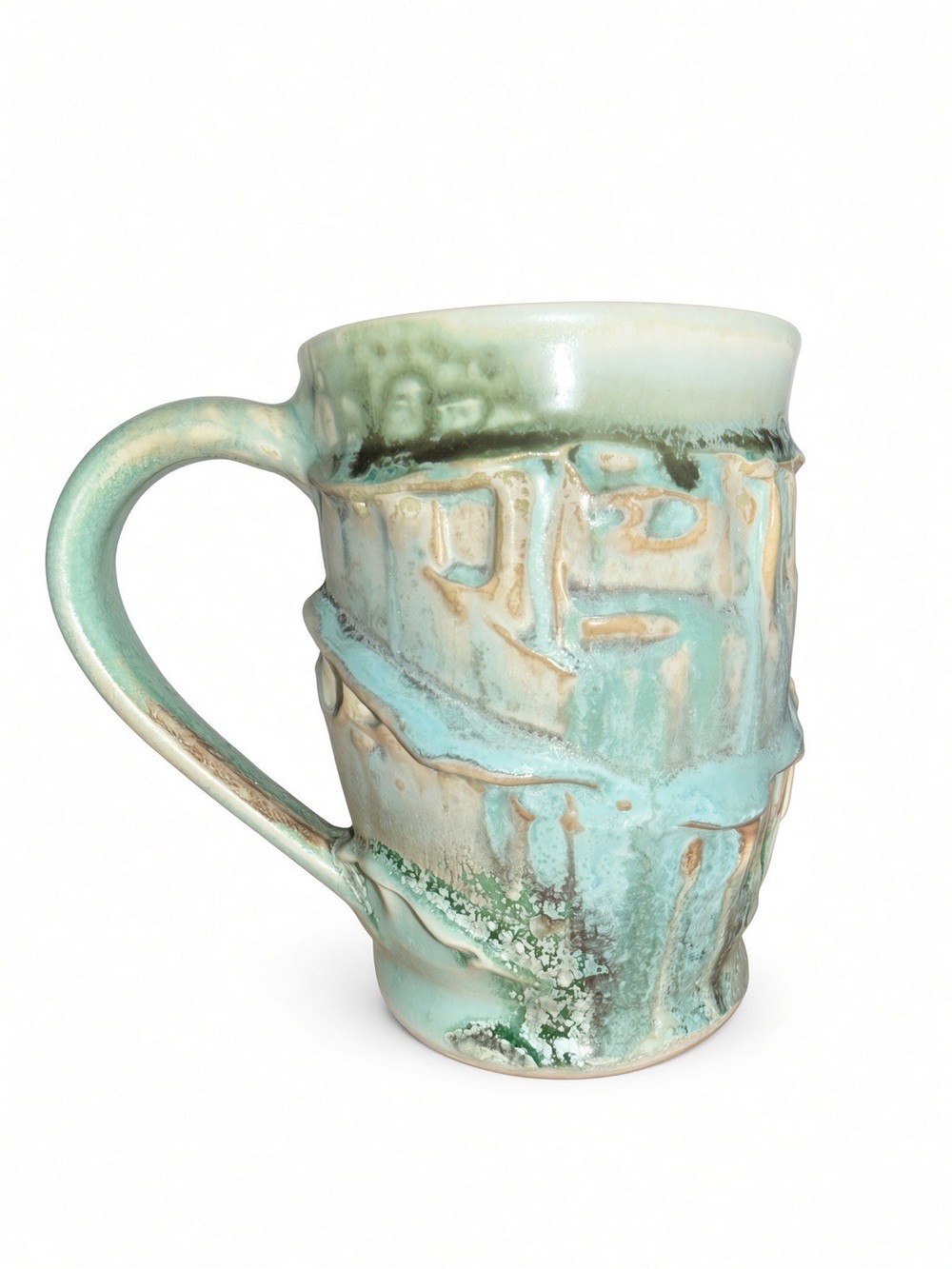 Signed Lambert NC Studio Pottery Mug – Turquoise Sculptural Organic Form 4.75”